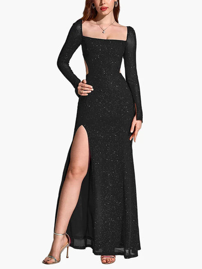 Women's evening dress elegant long sleeve with slit – perfect for festive occasions & gala