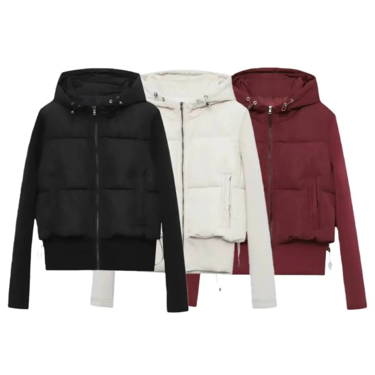 Women's Hooded Puffer Jacket with Long Sleeves - Cropped, Quilted