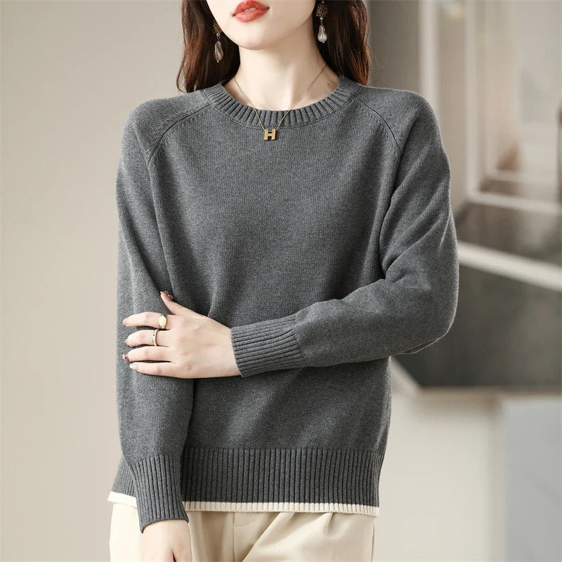 Women's Crew-Neck Long-Sleeved Fine-Knit Basic Top