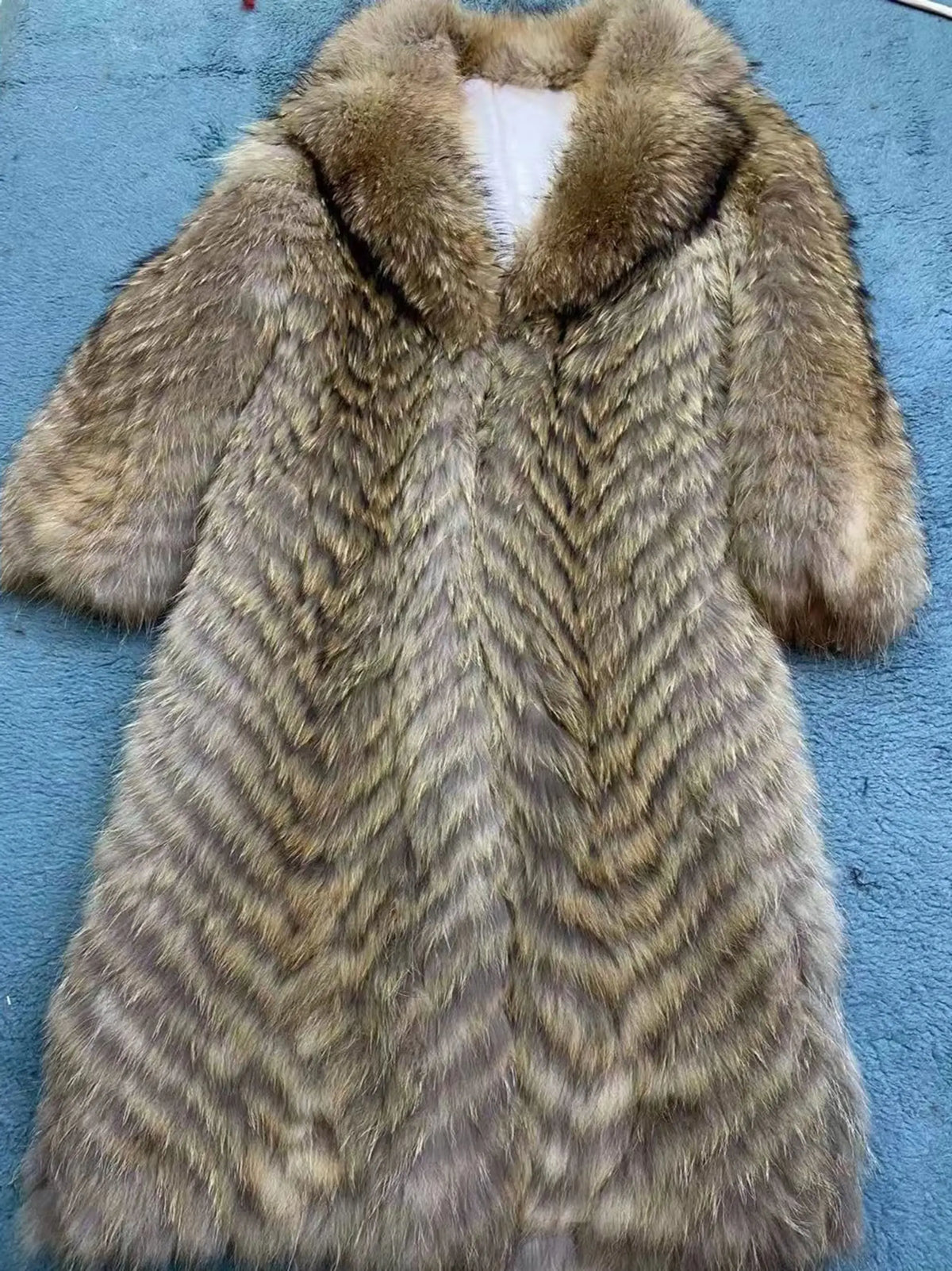 Long women's faux-fur coat with chevron pattern, warm winter coat