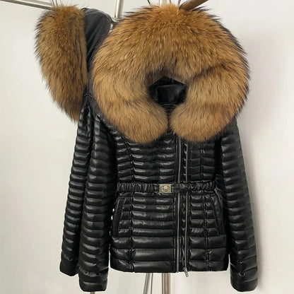 Damen Winterjacke Schwarz gesteppt mit Pelzkragen und Gürtel