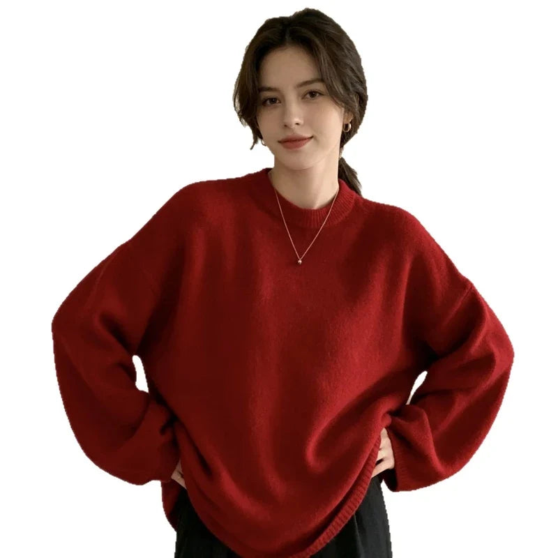 Women's oversized crew-neck long-sleeve knitted sweater