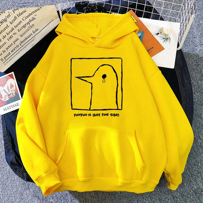 Hoodie or sweatshirt with cartoon bird motif, "Punpun is just fine today" print