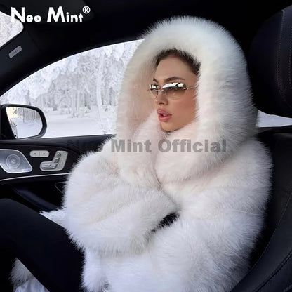 Short women's winter coat with hood and soft faux fur, white