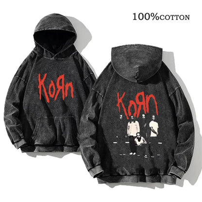 Hoodie Schwarz Grau Washed Oversize mit Band-Print Vorn & Hinten