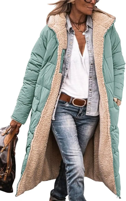 Long women's quilted coat with teddy lining & hood - Warmly lined winter coat