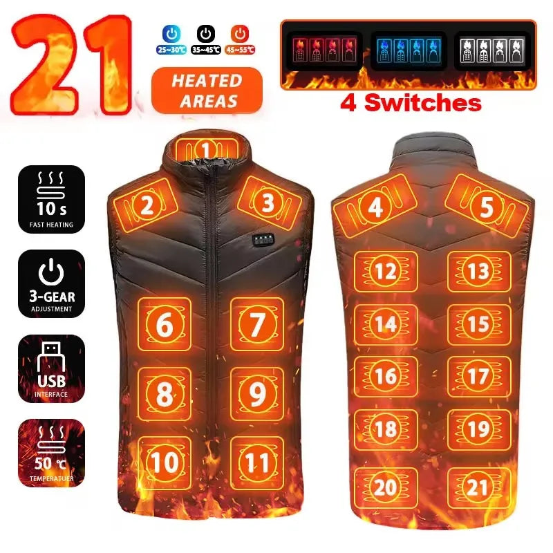 Heated quilted vest with USB connection and 21 heating zones, black