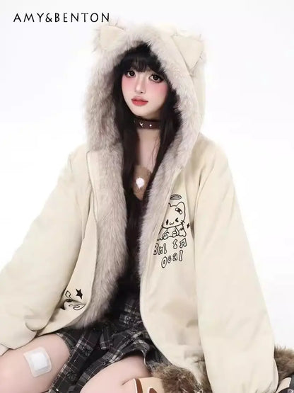Women's winter jacket with cat ears, hood and fur trim, relaxed fit