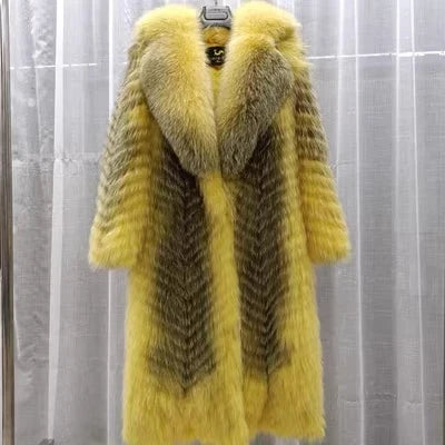 Long women's faux-fur coat with chevron pattern, warm winter coat