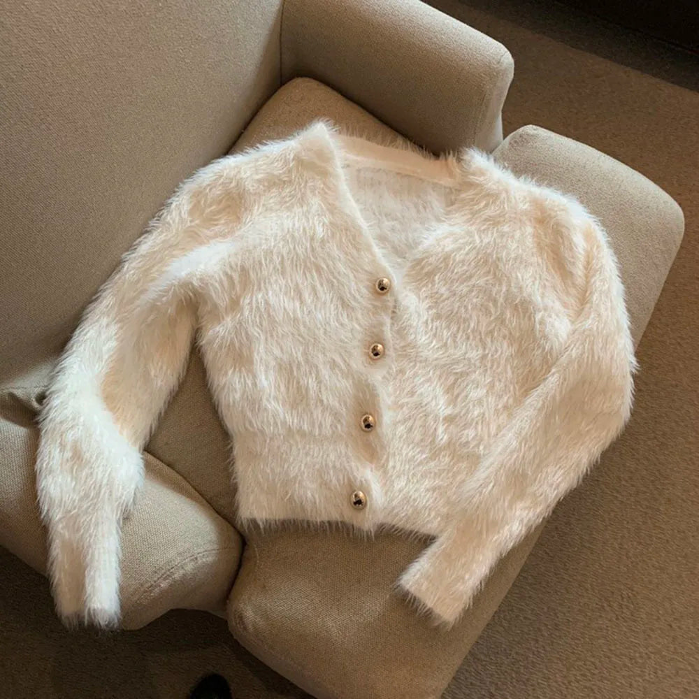 Women's fluffy cardigan with V-neck and gold buttons