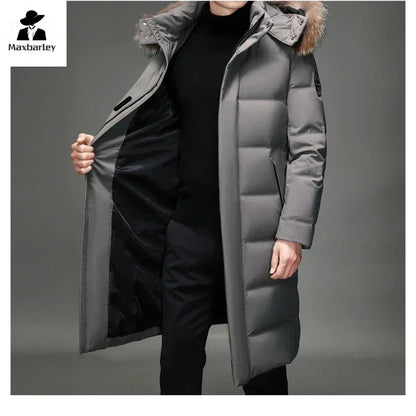 Men's long winter down coat, black and gray, with hood and fur trim, padded
