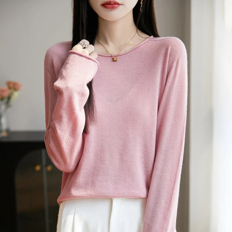 Damen Langarmshirt Rundhals Feinstrick Pullover Violett