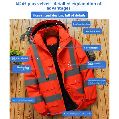 Men's winter work jacket with fleece lining, reflective stripes, and hood