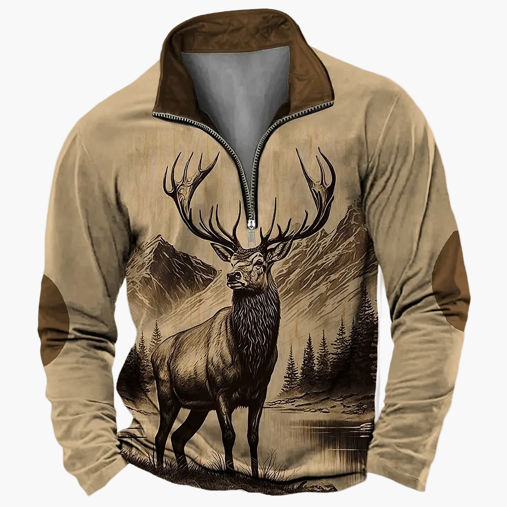 Men's outdoor sweatshirt with wildlife print and stand-up collar – leisure & hunting