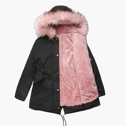 Women's winter parka with hood and faux fur – fashionable outdoor jacket for cold days