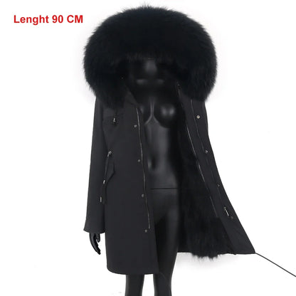 Long winter parka coat with hood and fur trim for women