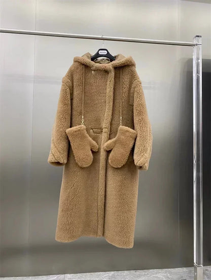 Women's long teddy coat with hood & teddy brooch