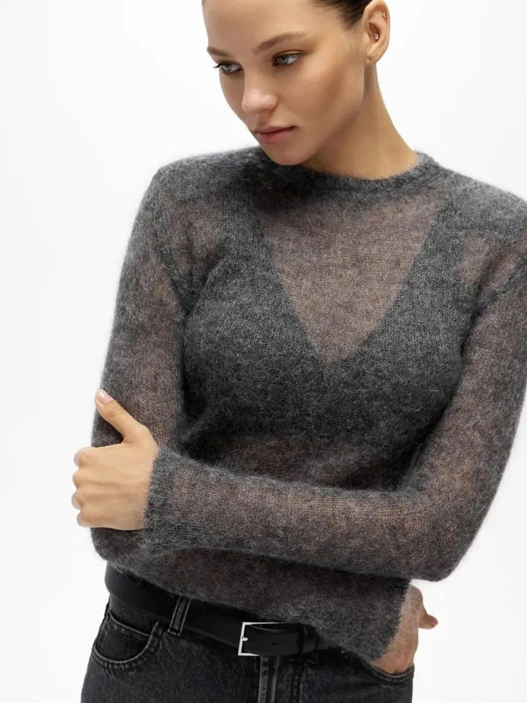 Women's long-sleeve sweater with sheer look, crew neck, and soft material