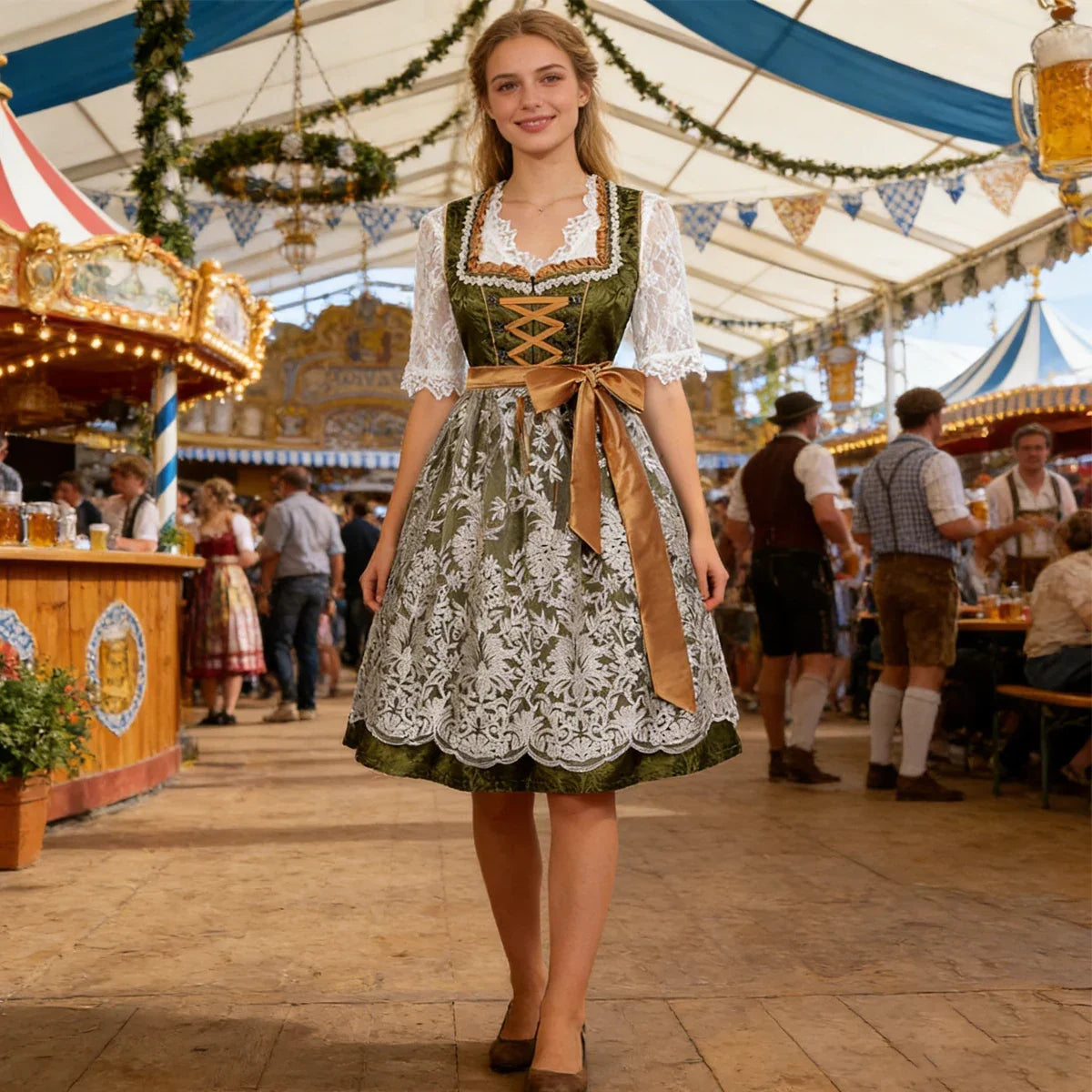 Dirndl Grün Weiß mit Spitzenbluse und Satinband