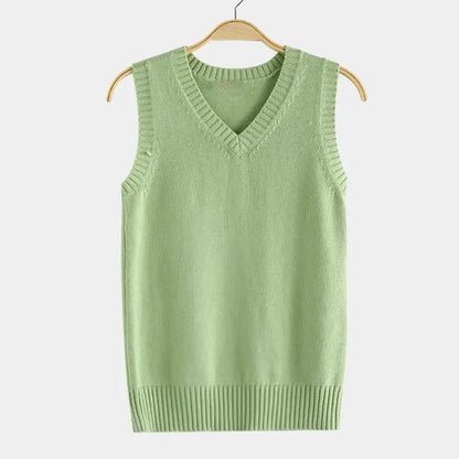 Unisex knitted vest V-neck sleeveless ribbed trim solid color