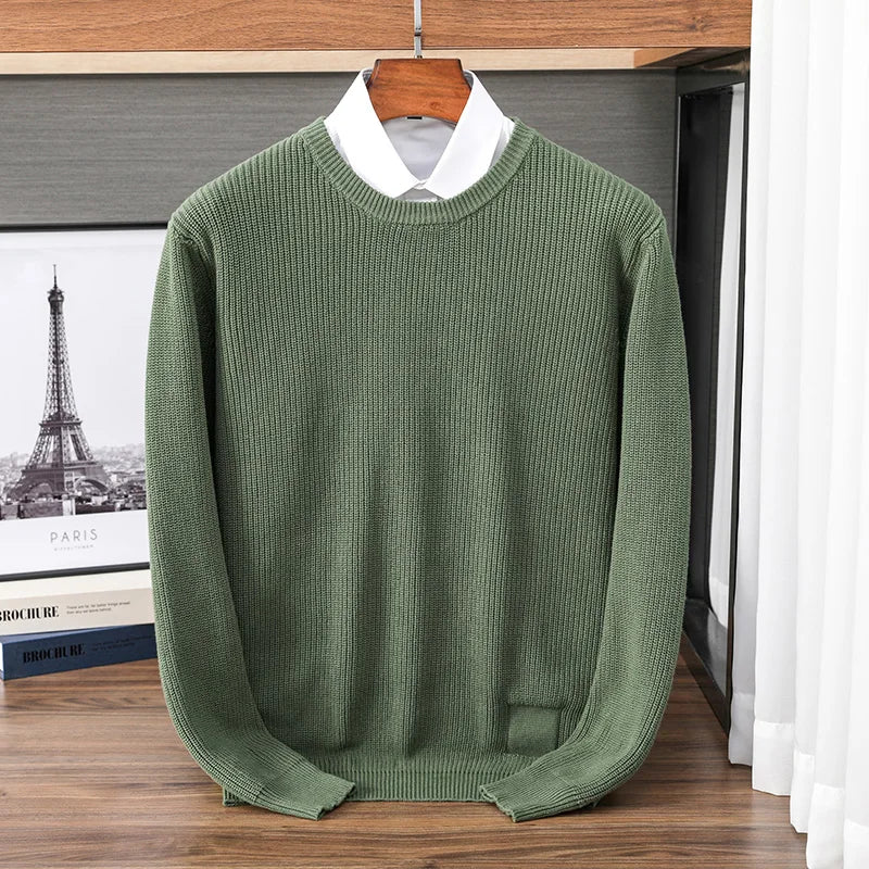 Men's crew-neck knit pullover ribbed solid-color long-sleeve