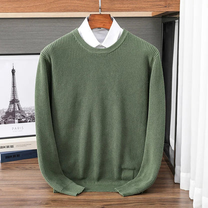 Men's crew-neck knit pullover ribbed solid-color long-sleeve