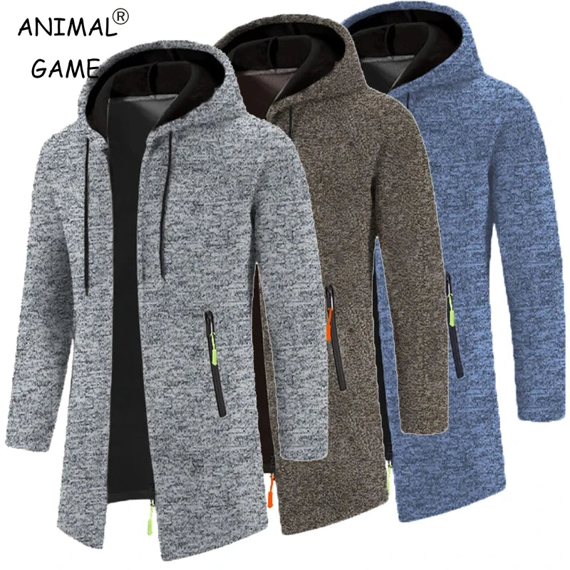 Herren Cardigan Strickjacke mit Kapuze und Reißverschlusstasche, Langarm