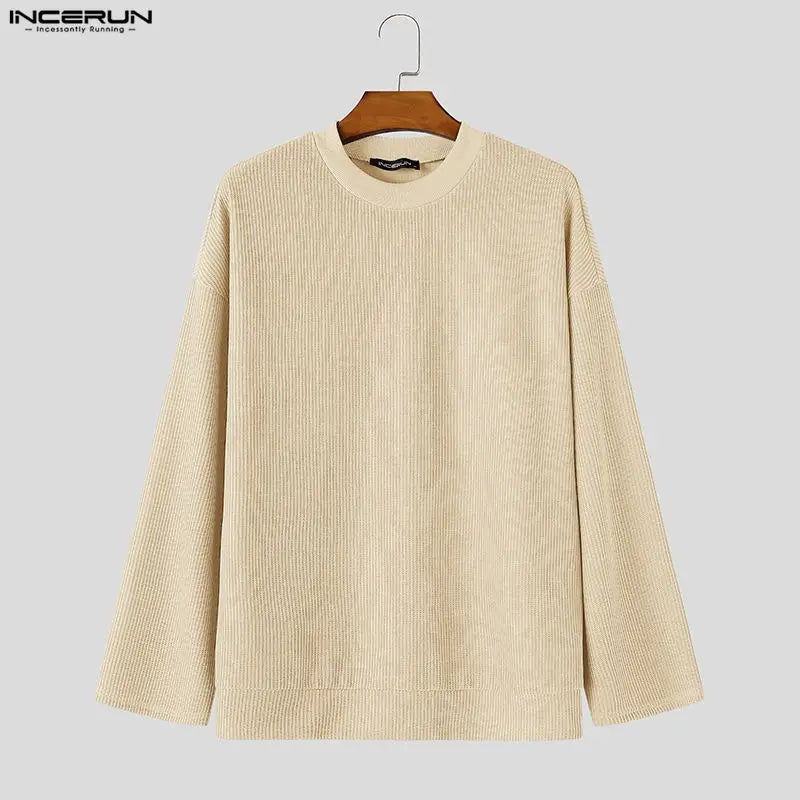 Ribbed men's long-sleeve crew-neck pullover top black