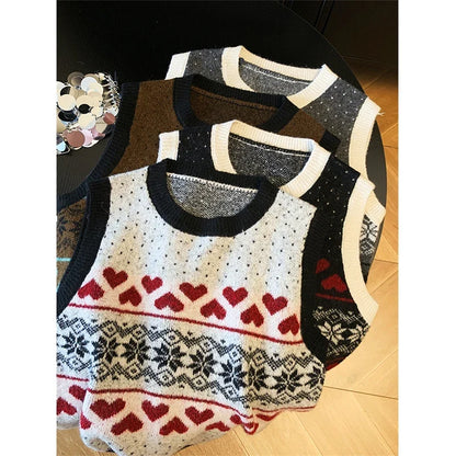 Strickweste Damen Ärmellos Rundhals Pullover mit Herz- und Schneeflockenmuster