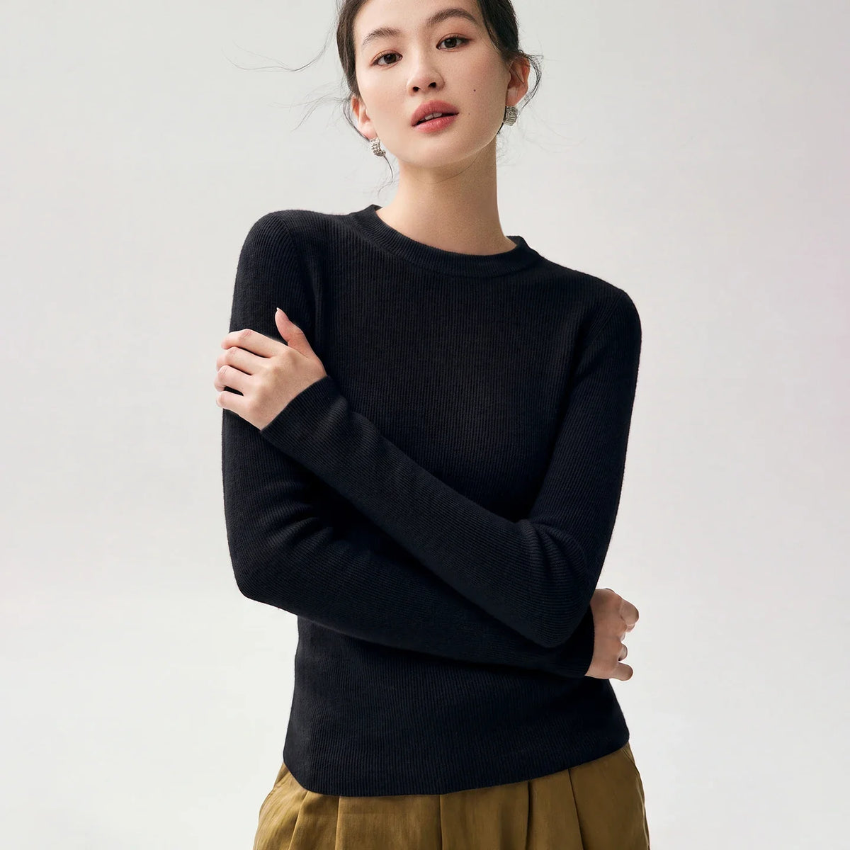 Damen Pullover Rundhals Langarm Gerippter Saum in verschiedenen Farben