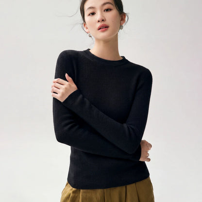 Damen Pullover Rundhals Langarm Gerippter Saum in verschiedenen Farben