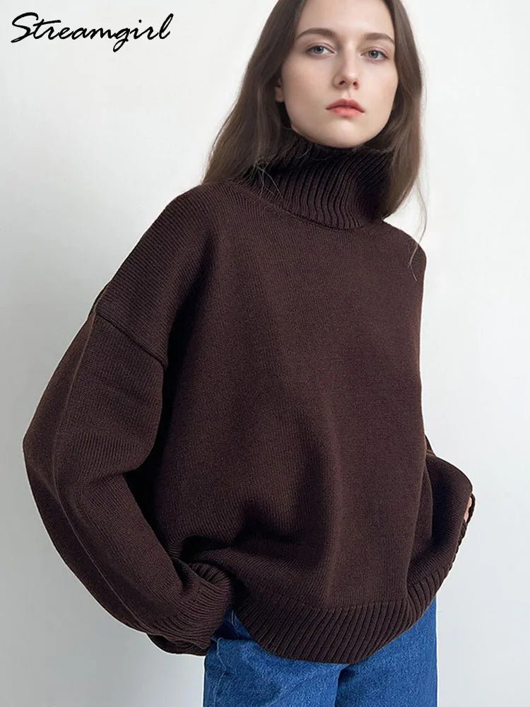 Women's oversized turtleneck knitted sweater long sleeves
