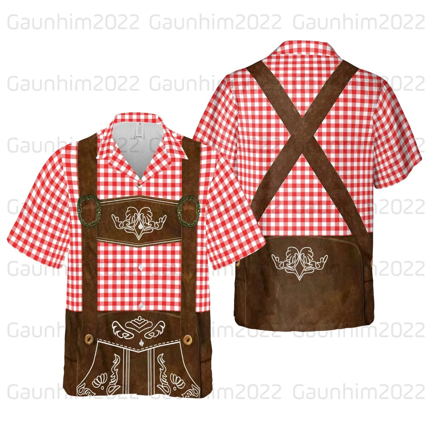 Kurzarm Hemd im Trachten-Design mit Lederhosen-Motiv und Bierkrügen