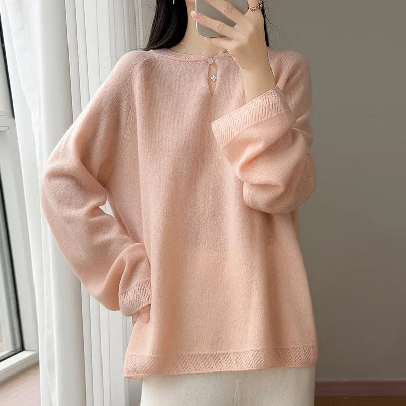 Women's Long-Sleeve Crewneck Sweater with Eyelet-Pattern Details