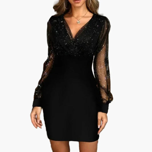 Damen Abendkleid mit Glitzer-Effekt und transparenten Ärmeln – Elegantes Partykleid für besondere Anlässe