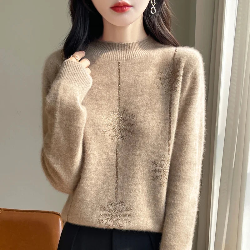 Women's sweater with stand-up collar and glitter snowflake pattern