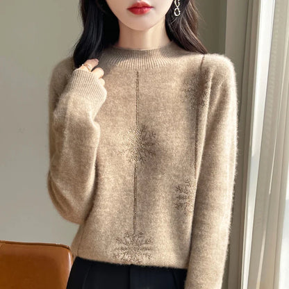 Women's sweater with stand-up collar and glitter snowflake pattern
