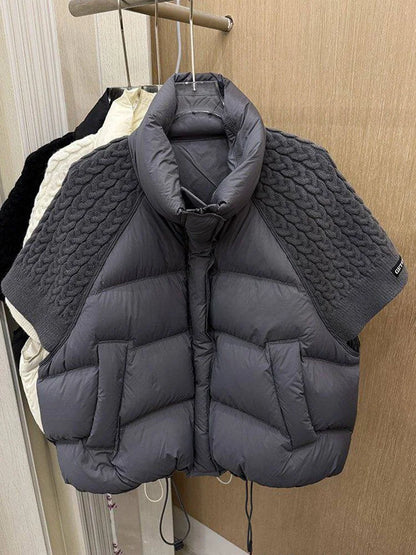 Women's Short-Sleeve Quilted Vest with Knitted Sleeves Black