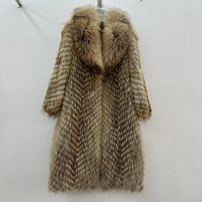 Long women's faux-fur coat with chevron pattern, warm winter coat