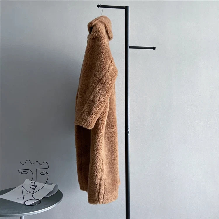Damen Teddyfell-Mantel Lang Zweireihig Beige Winter