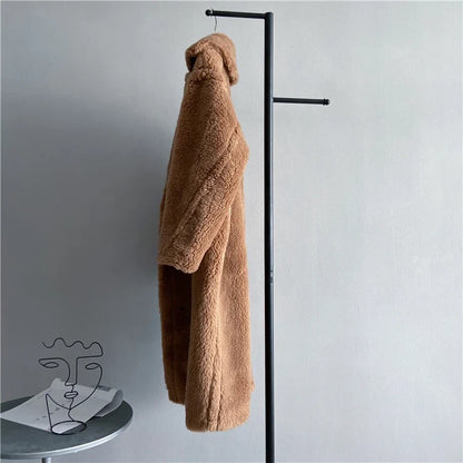 Damen Teddyfell-Mantel Lang Zweireihig Beige Winter