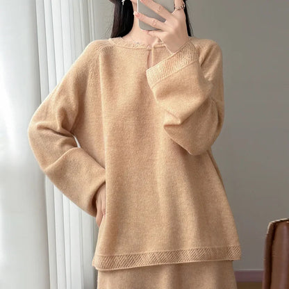 Women's Long-Sleeve Crewneck Sweater with Eyelet-Pattern Details