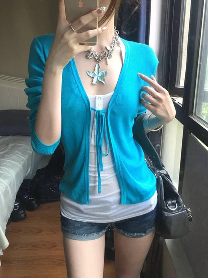 Women's rib-knit cardigan in turquoise with long sleeves and V-neck