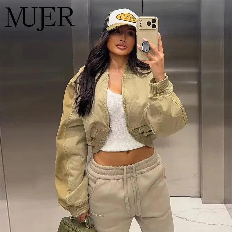 Kurze Bomberjacke für Damen, Beige/Grün