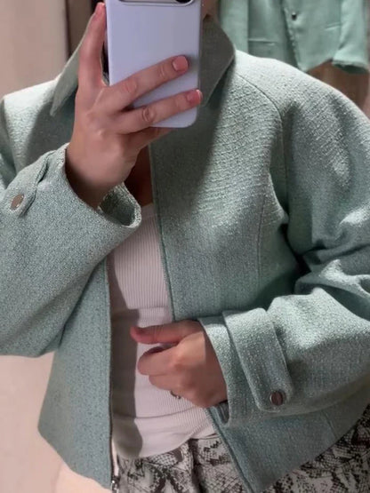 Short women's jacket with zipper & collar - mint green