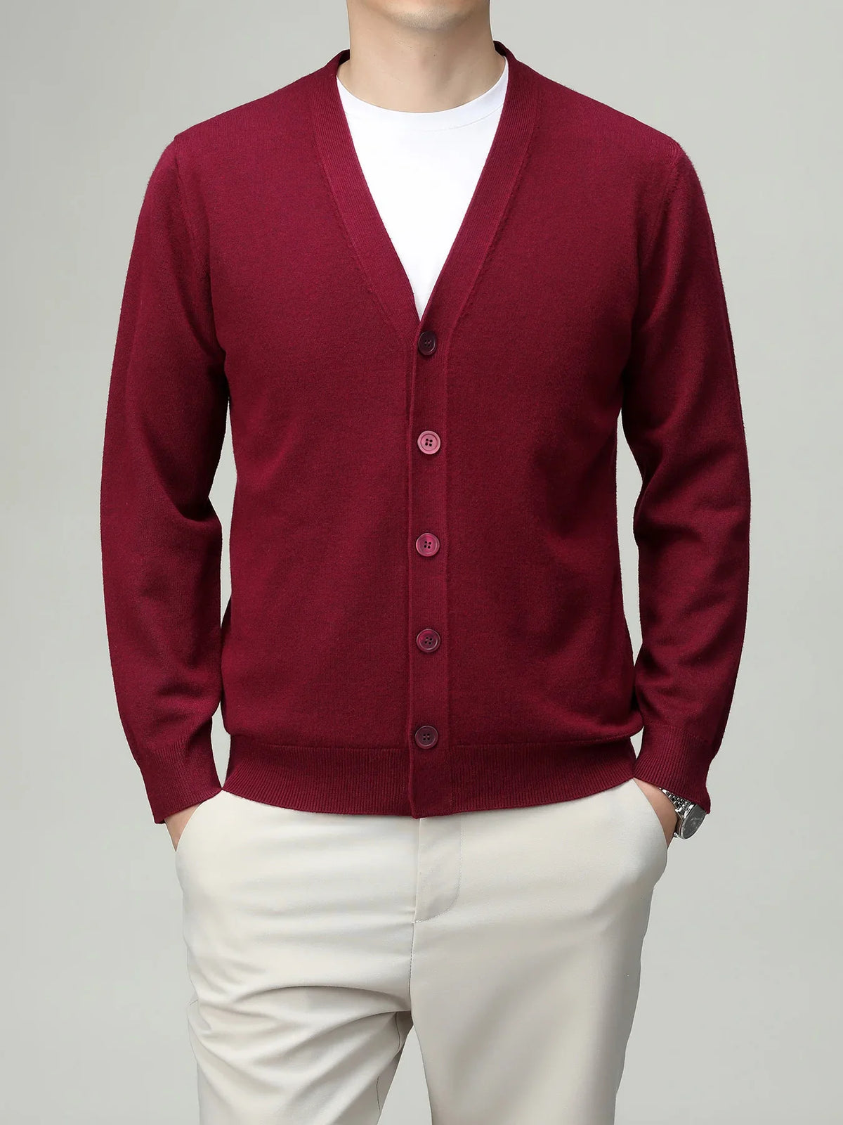 Men's V-neck cardigan with button placket, plain