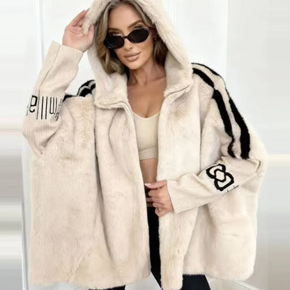 Women's plush hooded jacket with knitted sleeves and stripes