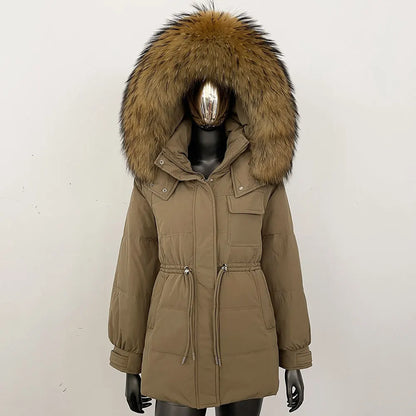 Women's winter parka jacket with fur hood and drawstring waist