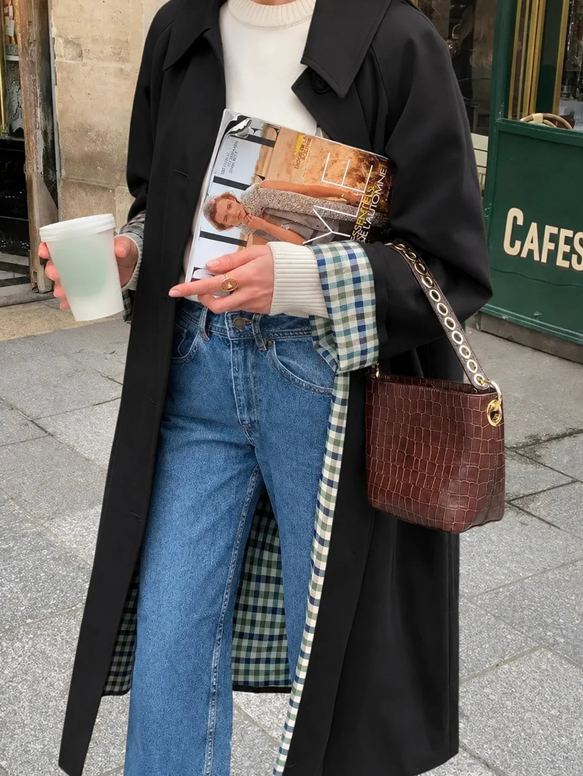 Women's Long Trench Coat, Transitional Jacket, Checked Lining