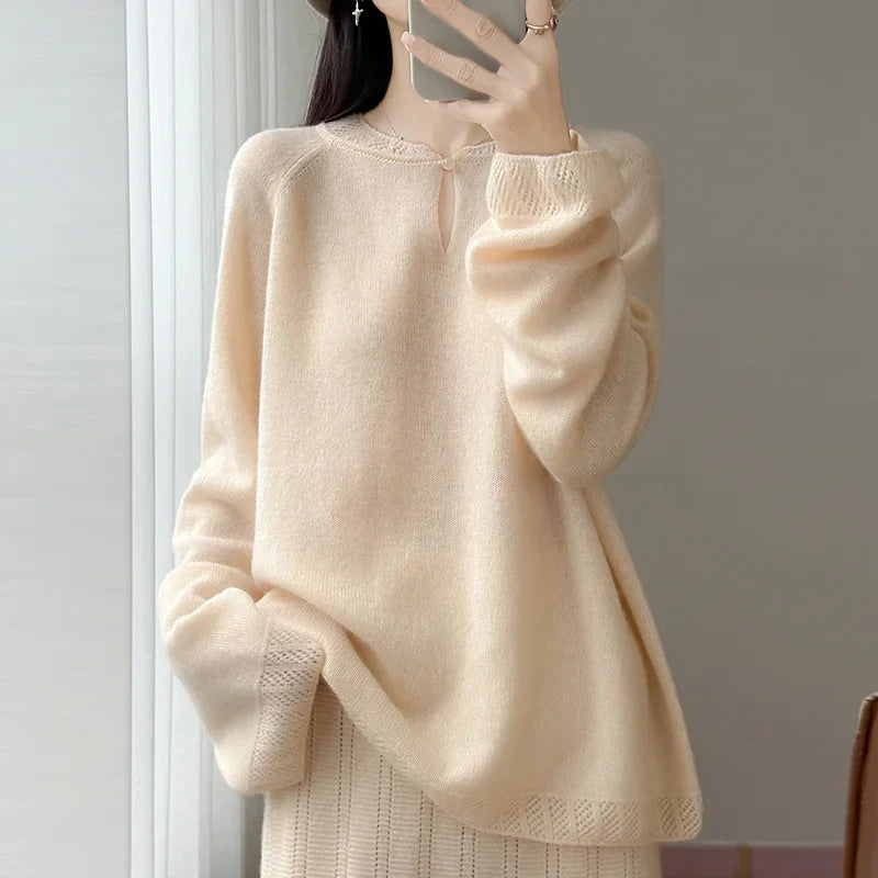 Women's Long-Sleeve Crewneck Sweater with Eyelet-Pattern Details